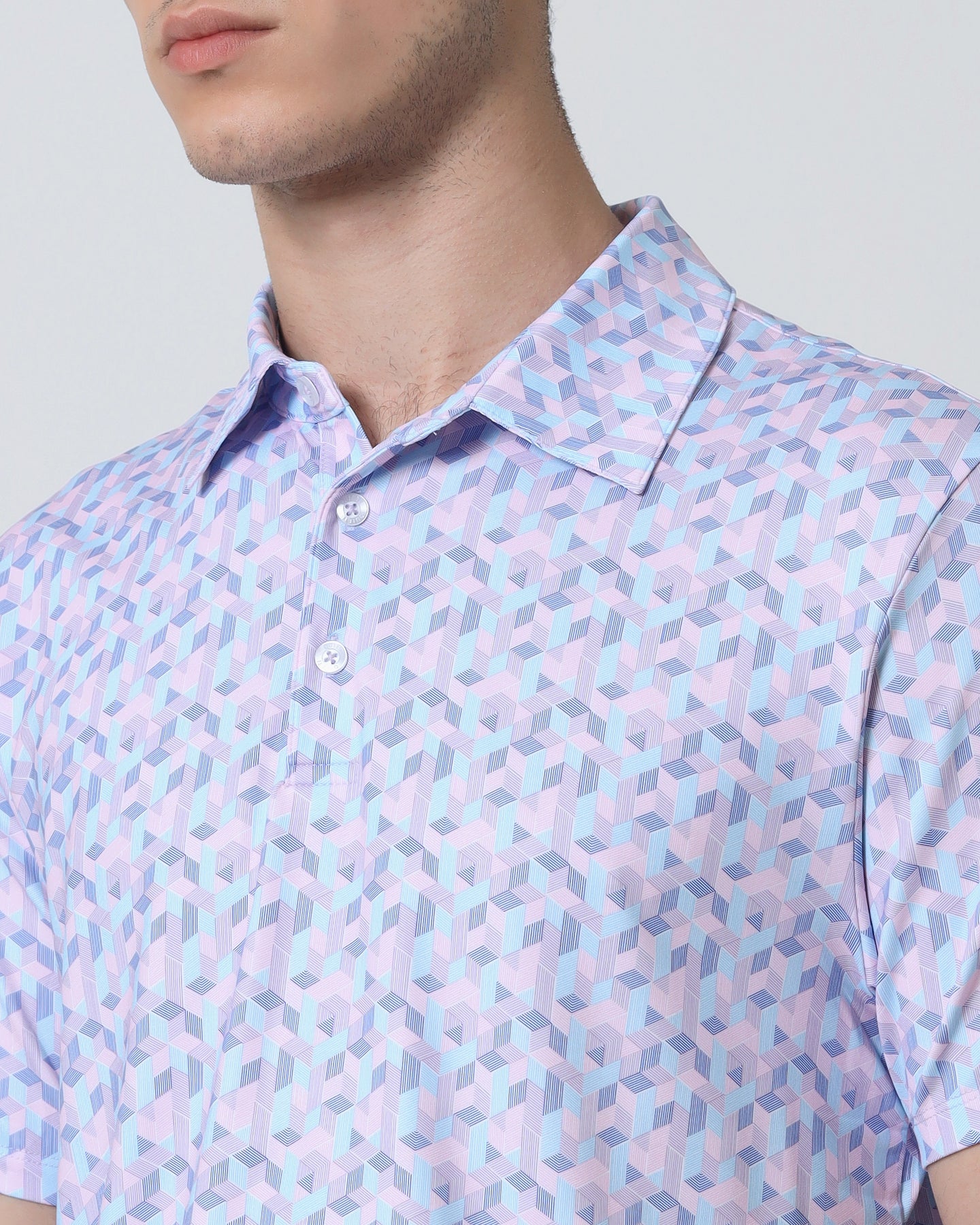 Quieti Performance Regular Fit, Lavender Geo Printed Knit, 3 button Short Sleeve Polo
